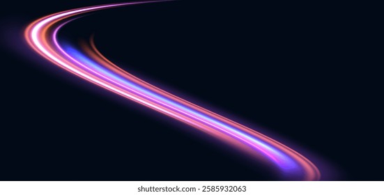 Hi-speed colorful neon curved rays on dark blue background. Speed motion moving concept. Vector illustration