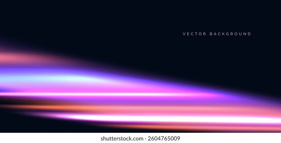 Hi-speed colorful neon horizontal rays on dark blue background. Speed motion moving concept. Vector illustration