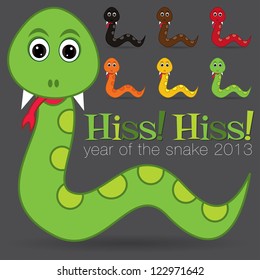 Hiss! Hiss! Happy new year cute cartoon snake set in vector format.