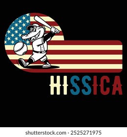 Hissica Baseball Alligator American Flag Camiseta divertida