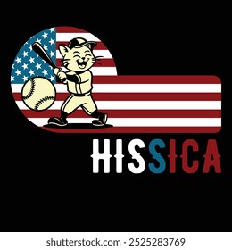 Hissica Baseball Cat American Flag Camiseta divertida