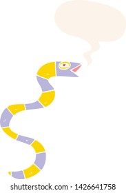 hissing cartoon snake with speech bubble in retro style