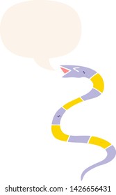 hissing cartoon snake with speech bubble in retro style