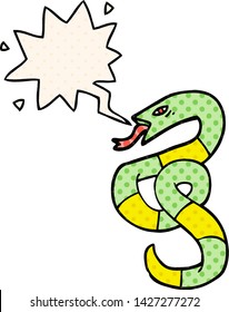 hissing cartoon snake with speech bubble in comic book style