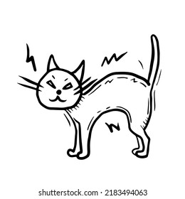 Hissing cat simple doodle. Creepy hand drawn black and white animal character vector illustration. Halloween or kids fairy tale decorative element, symbol, icon, emblem