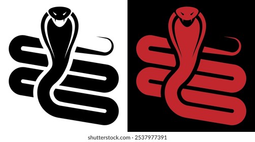 Hissing cobra in fighting stance with open mouth and poisonous fangs. Silhouette emblem of aggressive snake. Aggressive Cobra. Simple minimalistic vector isolated on white and black background