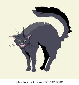 Hissing witch cat. Hand drawn vector illustration isolated on background.