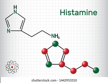 Histamine molecule. It is amine, nitrogenous compound, stimulant of gastric secretion, vasodilator, and centrally acting neurotransmitter. Sheet of paper in a cage.
 

