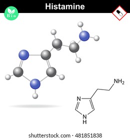 Histamine structural chemical formula, 2d and 3d vector illustration, isolated on white background, eps 10