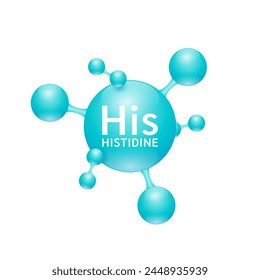 Histidine amino acid. Molecules that combine to form proteins nutrients necessary for health muscle. Biomolecules model 3D blue for ads dietary supplements. Medical scientific concepts. Vector.