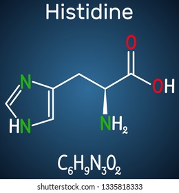 Histidine (L- histidine, His, H) amino acid molecule. It is used in the biosynthesis of proteins. Structural chemical formula on the dark blue background. Vector illustration 