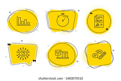 Histogram, Artificial intelligence and Keywords signs. Chat bubbles. Online survey, Timer and Report document line icons set. Quiz test, Deadline management, Growth chart. Economic trend. Vector