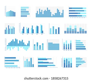 Histogram business chart. Different type of stock diagram and statistic bar in classic, stacked, standardized, horizontal and vertical, sectional shape vector illustration isolated on white background