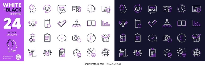 Histogram, Certificate And Tick Line Icons For Website, Printing. Collection Of Drums, Recovery Photo, Safe Time Icons. Fake News, Correct Answer, Stress Web Elements. Bicolor Outline Icon. Vector