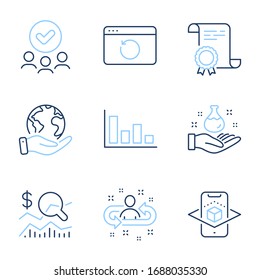 Histogram, Chemistry lab and Augmented reality line icons set. Diploma certificate, save planet, group of people. Recovery internet, Check investment and Recruitment signs. Vector
