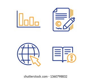 Histogram, Copywriting and Internet icons simple set. Facts sign. Economic trend, Ð¡opyright signature, World web. Important information. Education set. Linear histogram icon. Colorful design set