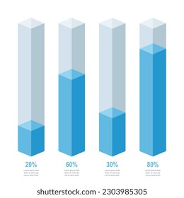 Histogram glass bars - blue. 20% 30% 60% 80% number text. Flat design business interface illustration inforchart infographic elements for ads app ui ux web banner vector isolated on white background