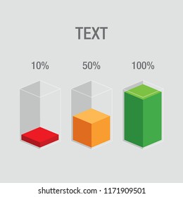 Histogram glass bars - red, orange, green. 10% 50% 100% numbers & text. Flat design illustration inforchart infographic elements for app ui ux web banner button vector isolated on white background