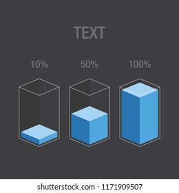 Histogram glass chart bars - blue. 10% 50% 100% numbers & text. Flat design illustration inforchart infographic elements for app ui ux web banner button vector isolated on black background