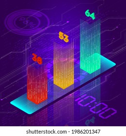 The histogram. Multi-colored graph on a purple background. Growing chart. Isometry. Vector.