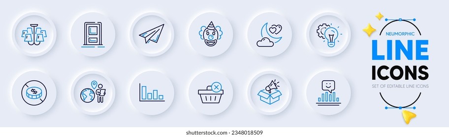 Histogram, Paper plane and Delete purchase line icons for web app. Pack von Megaphone-Box, Lächeln, kein Geld-Piktogramm-Symbole. Ideengetriebe, Clown, Eintrittsschilder. Outsource Arbeit, Kronleuchter. Vektorgrafik