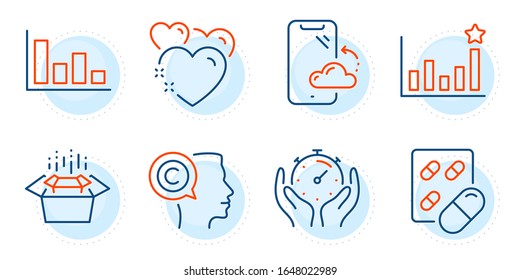 Histogram, Writer and Timer signs. Efficacy, Smartphone cloud and Capsule pill line icons set. Packing boxes, Heart symbols. Business chart, Phone backup. Business set. Outline icons set. Vector