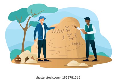 Historian characters is searching for artifacts. Archeologists studying,digging, researching. Flat abstract outline cartoon vector illustration concept banner design. Art isolated on white background