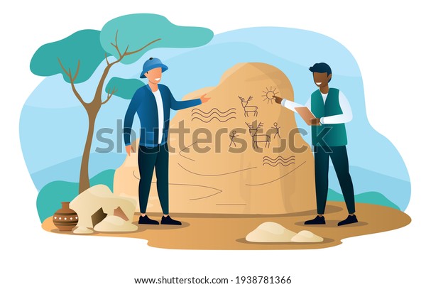 Historian characters is searching for\
artifacts. Archeologists studying,digging, researching. Flat\
abstract outline cartoon vector illustration concept banner design.\
Art isolated on white\
background