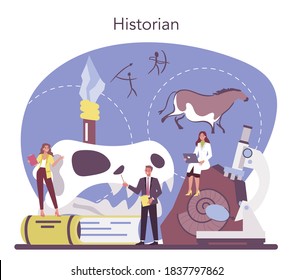 Historian concept. History science, paleontology, archeology. Knowledge of past and ancient time. Antique civilization research. Isolated vector illustration in flat style