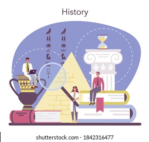 Historian concept. History science, paleontology, archeology. Knowledge of past and ancient time. Antique civilization research. Isolated vector illustration in flat style