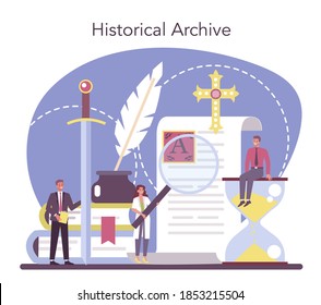 Historian concept. History science, paleontology, archeology. Knowledge of past and ancient time. Antique civilization research. Isolated vector illustration in flat style