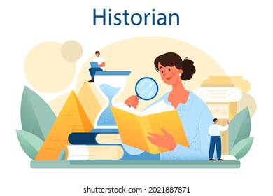 Historian concept. History science, paleontology, archeology. Knowledge of past and ancient time. Antique civilization research. Isolated vector illustration in flat style