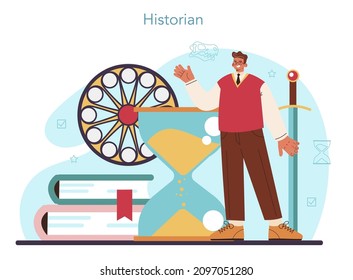 Historian concept. History scientist or archaeologist. Knowledge of an ancient civilization culture. Historic periods research. Isolated vector illustration in flat style