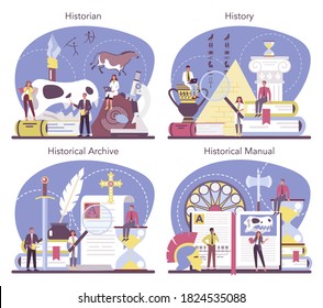 Historian concept set. History science, paleontology, archeology. Knowledge of past and ancient time. Antique civilization research. Isolated vector illustration in flat style