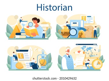 Historian concept set. History science, paleontology, archeology. Knowledge of past and ancient time. Antique civilization research. Isolated vector illustration in flat style