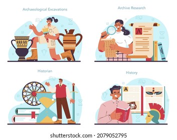 Historian concept set. History scientist or archaeologist. Knowledge of an ancient civilization culture. Historic periods research. Isolated vector illustration in flat style