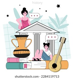 Historian. History scientist or archaeologist. Knowledge of an ancient civilization culture. Historic periods research, document analysis. Flat vector illustration