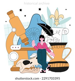 Historian. History scientist or archaeologist. Knowledge of an ancient civilization culture. Historic periods research, document analysis. Flat vector illustration