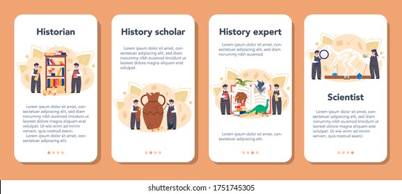 Historian mobile application banner set. History science, paleontology, archeology. Knowledge of past and ancient. Antique civilization research. Isolated vector illustration in flat style