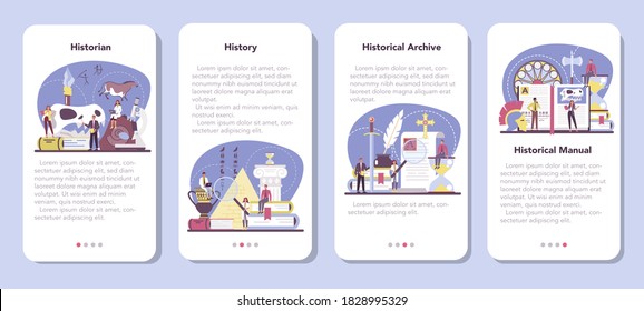 Historisches Banner für mobile Applikationen. Geschichtswissenschaft, Paläontologie, Archäologie. Wissen über Vergangenheit und Antike. Antike Zivilisationsforschung. Einzige Vektorgrafik im Flachstil