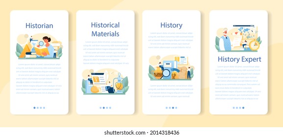 Historian mobile application banner set. History science, paleontology, archeology. Knowledge of past and ancient time. Antique civilization research. Isolated vector illustration in flat style