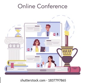 Historian online service or platform. History science, paleontology, archeology. Knowledge of past. Online conference. Isolated vector illustration