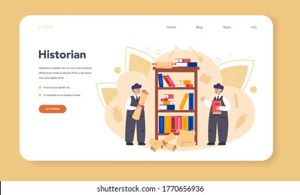 Historian web banner or landing page. History science, paleontology, archeology. Knowledge of past and ancient. Antique civilization research. Isolated vector illustration in flat style