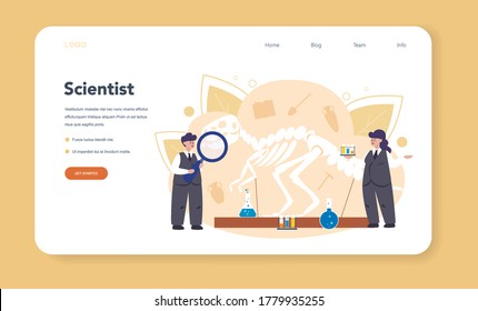 Historian web banner or landing page. History science, paleontology, archeology. Knowledge of past and ancient. Antique civilization research. Isolated vector illustration in flat style