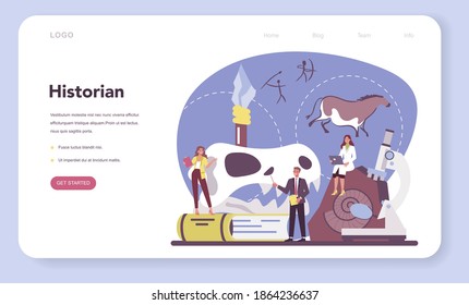 Historian web banner or landing page. History science, paleontology, archeology. Knowledge of past and ancient time. Antique civilization research. Isolated vector illustration in flat style