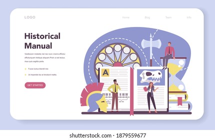 Historian web banner or landing page. History science, paleontology, archeology. Knowledge of past and ancient time. Antique civilization research. Isolated vector illustration in flat style