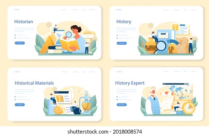 Historian web banner or landing page set. History science, paleontology, archeology. Knowledge of past and ancient time. Antique civilization research. Isolated vector illustration in flat style