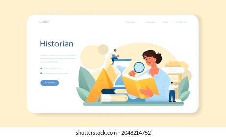 Historian web banner or landing page. History science, paleontology, archeology. Knowledge of past and ancient time. Antique civilization research. Isolated vector illustration in flat style