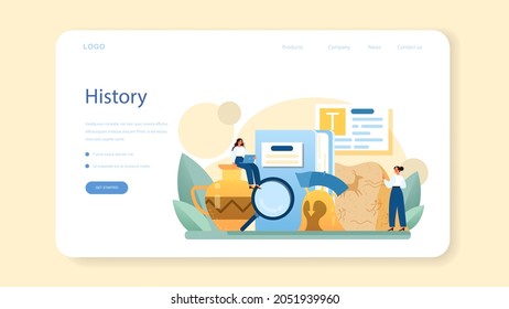 Historischer Web-Banner oder Landing-Seite. Geschichtswissenschaft, Paläontologie, Archäologie. Wissen über Vergangenheit und Antike. Antike Zivilisationsforschung. Einzige Vektorgrafik im Flachstil