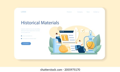 Historian web banner or landing page. History science, paleontology, archeology. Knowledge of past and ancient time. Antique civilization research. Isolated vector illustration in flat style